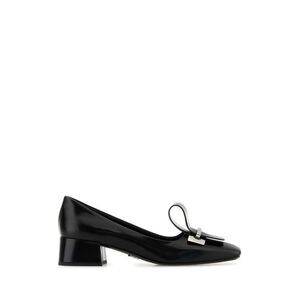 PRADA Polished Leather Block Heel Pumps with Buckle Detail Women BLACK